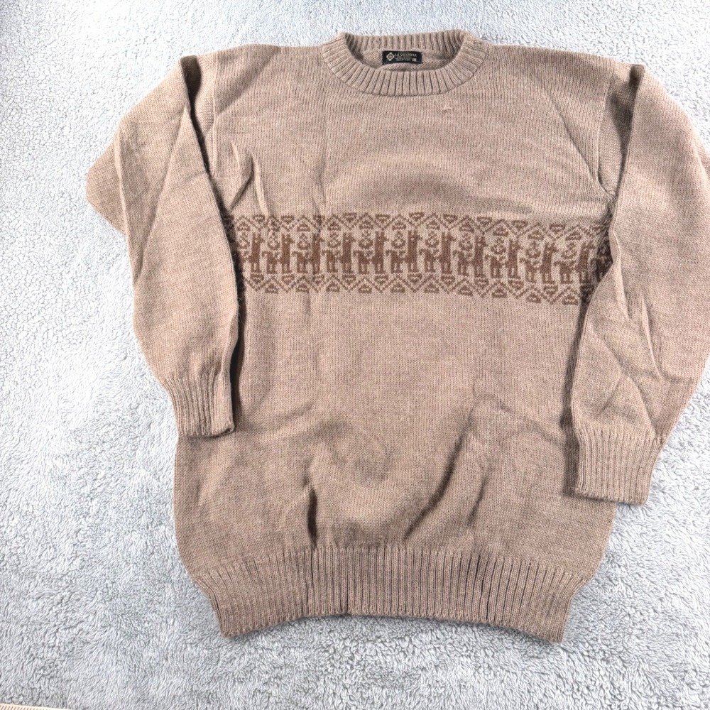 La Vicunita Sweater Mens L Tan Alpaca Wool Knit Llama Pattern Peru